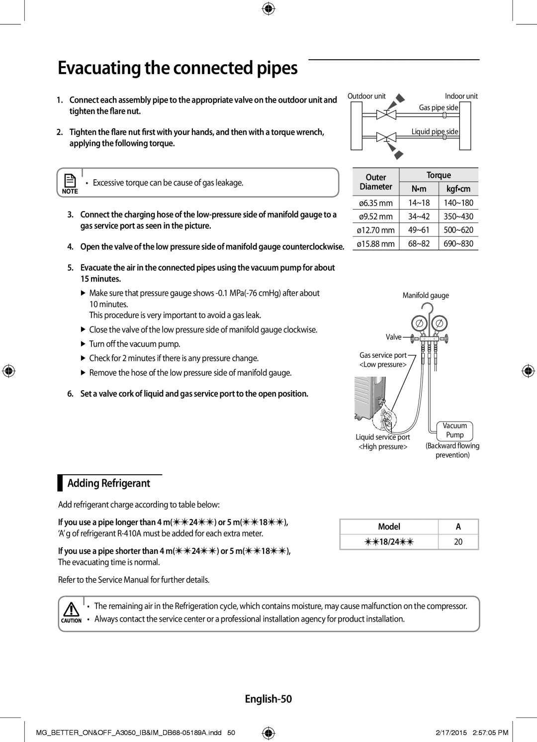 Samsung AR24JRSDBWKNMG manual Adding Refrigerant, English-50, Outer Torque 