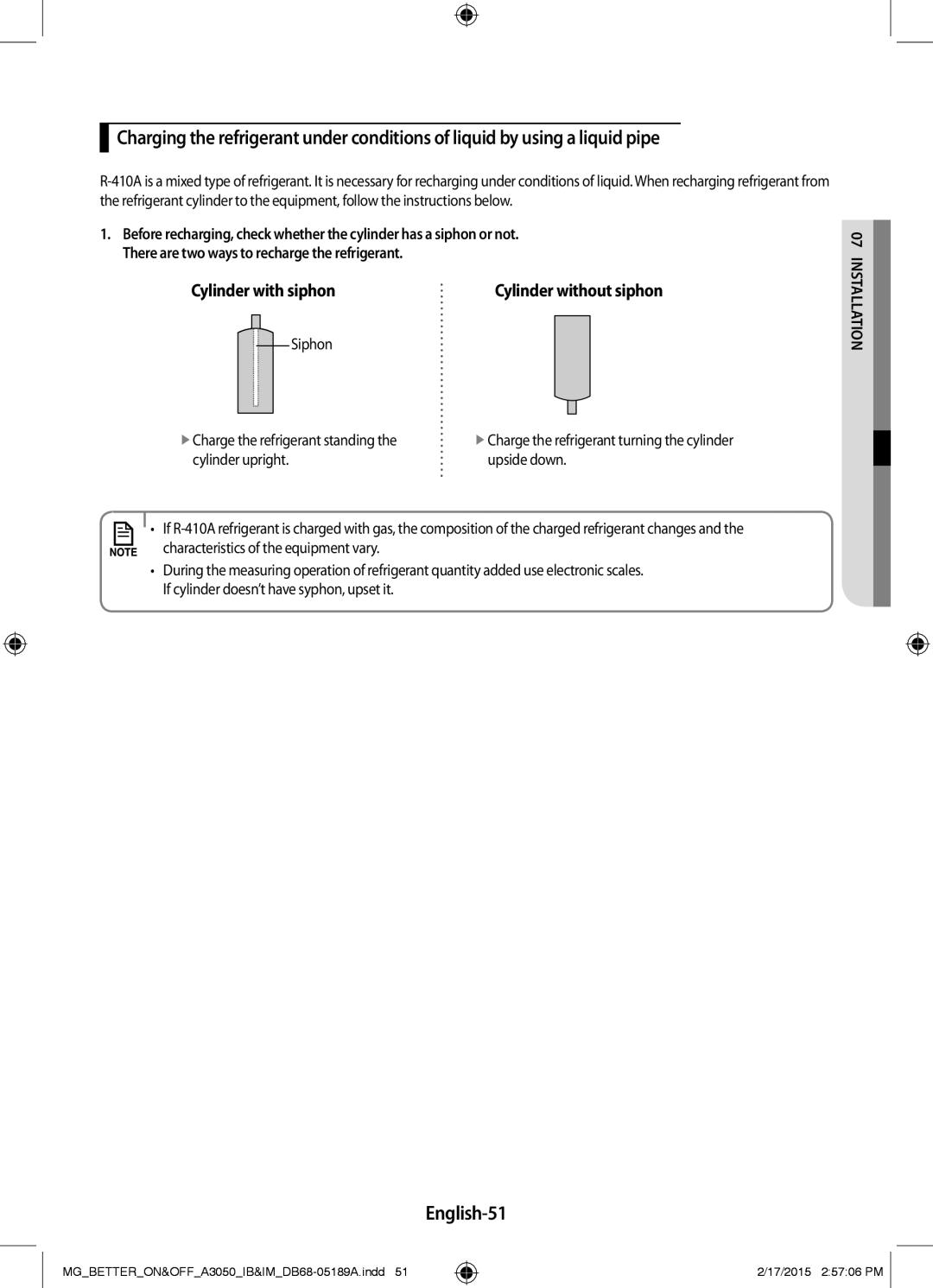 Samsung AR24JRSDBWKNMG manual English-51, Siphon Charge the refrigerant standing, Cylinder upright Upside down 