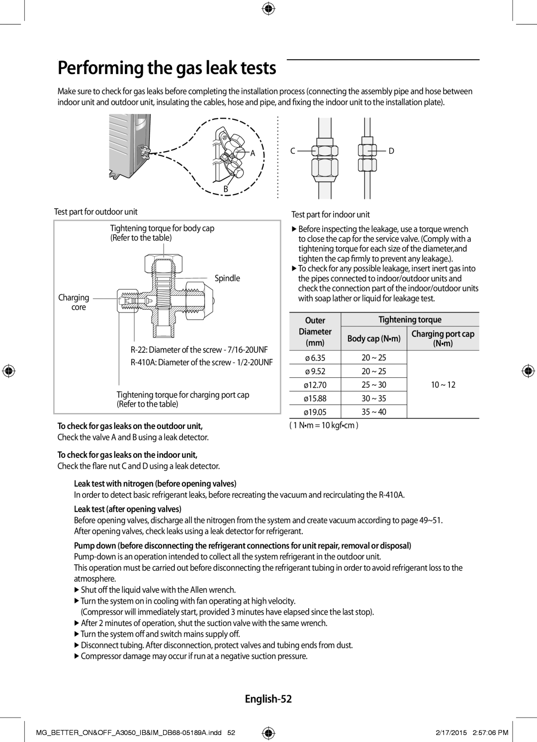 Samsung AR24JRSDBWKNMG manual Performing the gas leak tests, English-52 