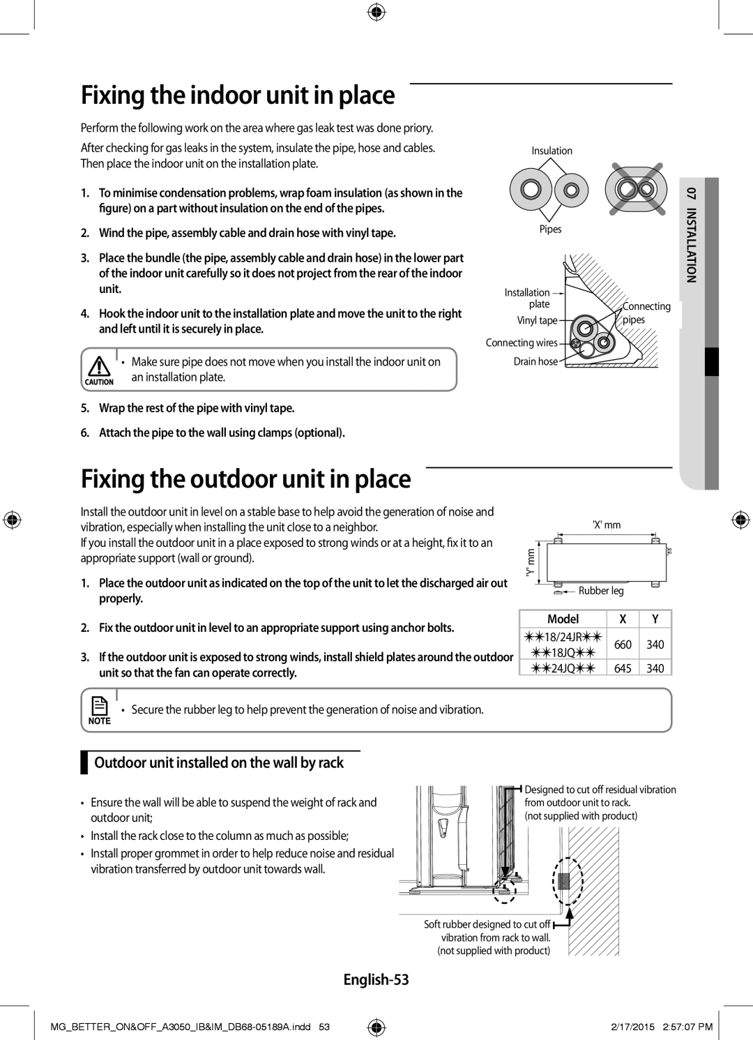 Samsung AR24JRSDBWKNMG manual Fixing the outdoor unit in place, Outdoor unit installed on the wall by rack, English-53 