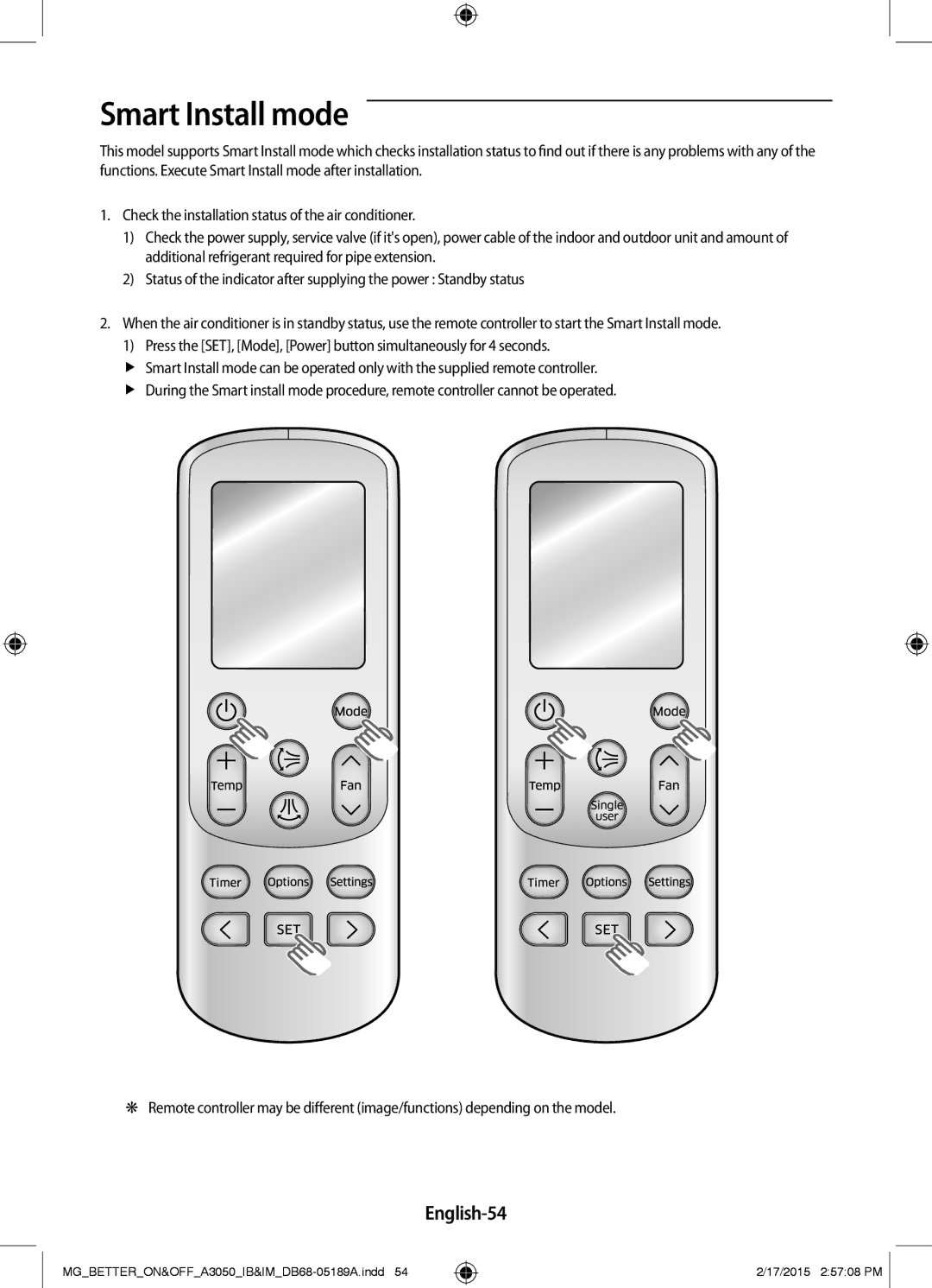 Samsung AR24JRSDBWKNMG manual Smart Install mode, English-54 