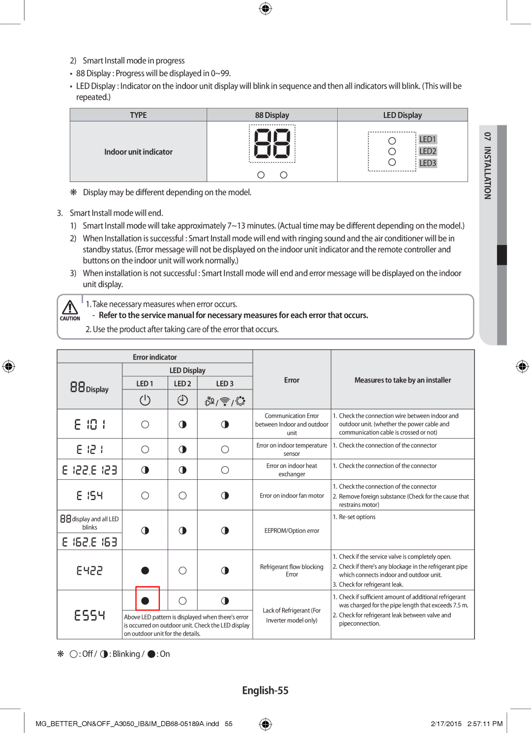 Samsung AR24JRSDBWKNMG manual English-55, Off / Blinking / On 