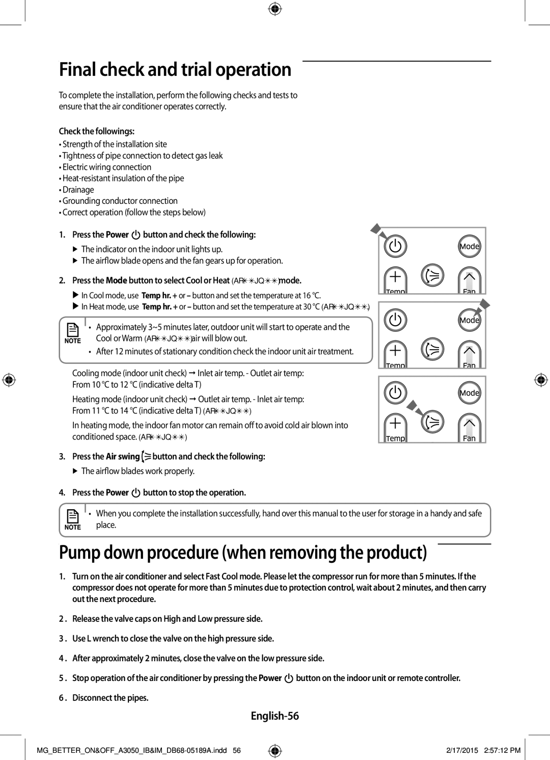 Samsung AR24JRSDBWKNMG manual Final check and trial operation, English-56 