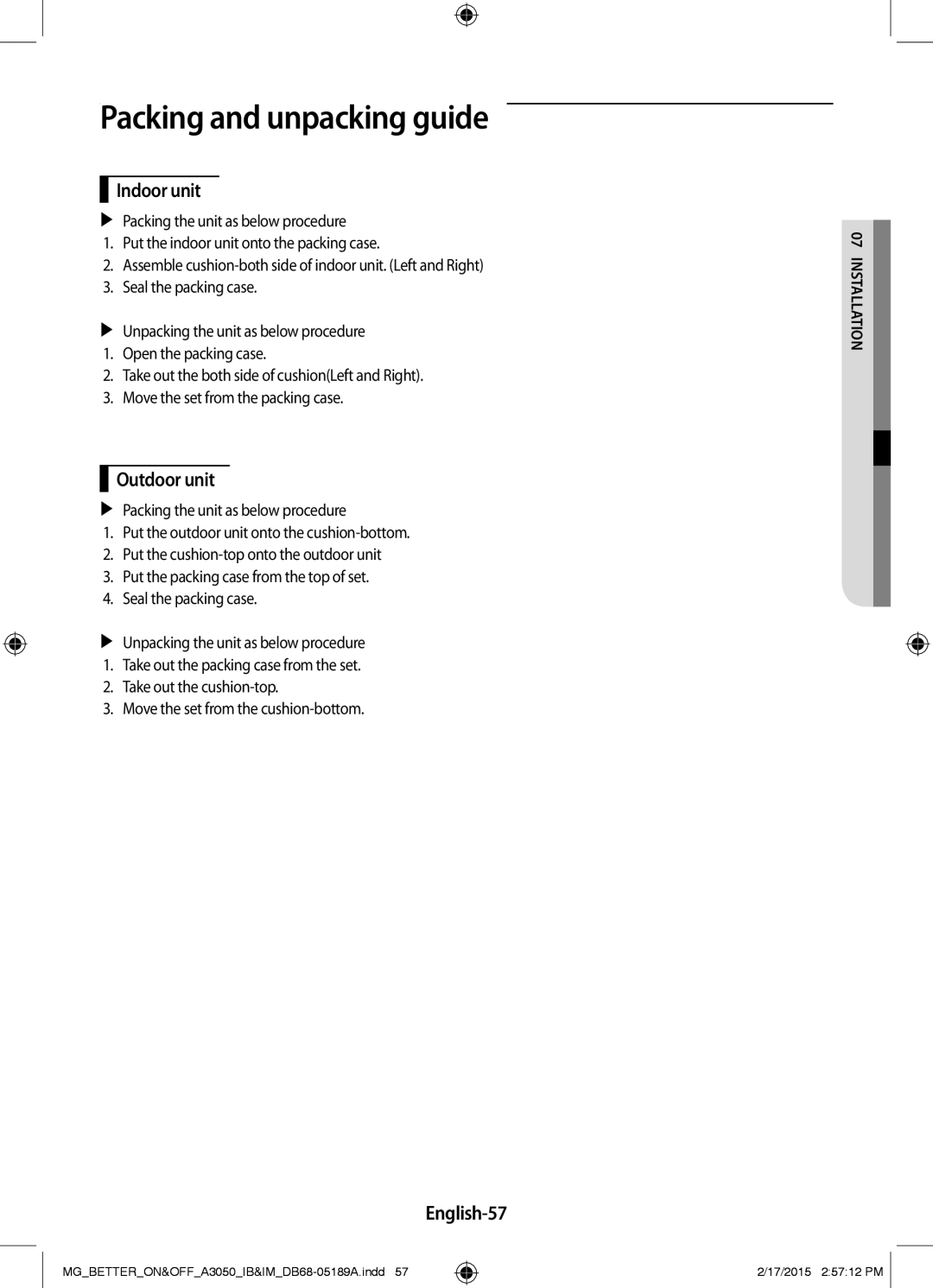 Samsung AR24JRSDBWKNMG manual Packing and unpacking guide, English-57 