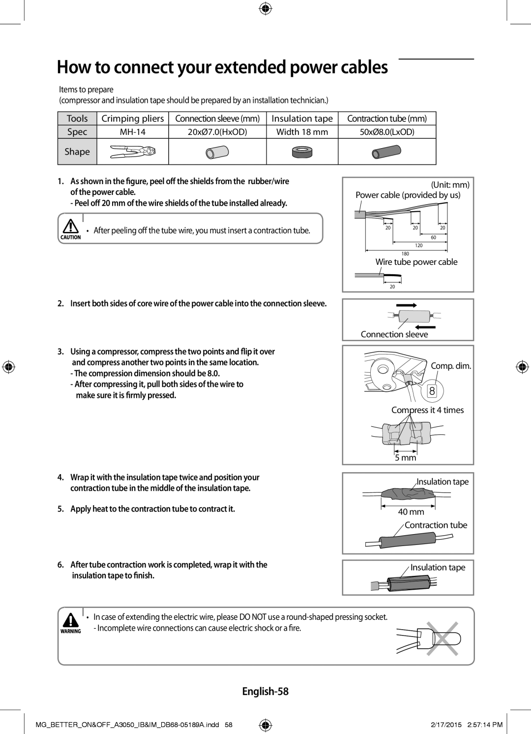 Samsung AR24JRSDBWKNMG manual How to connect your extended power cables, English-58, Insulation tape to finish 