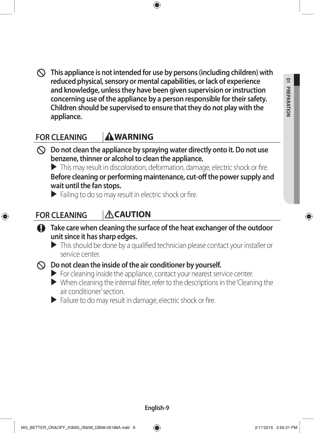 Samsung AR24JRSDBWKNMG manual For Cleaning, English-9 