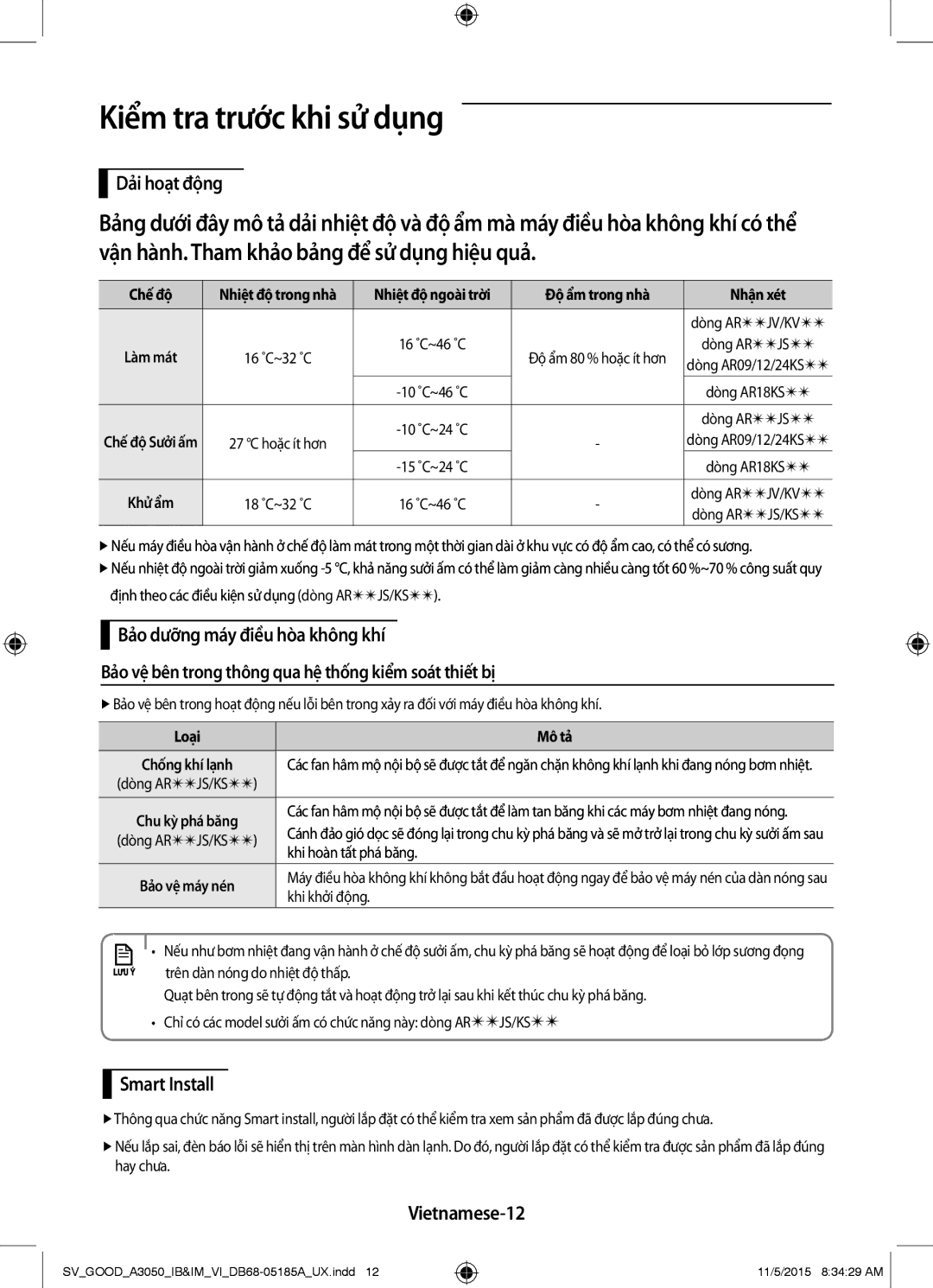 Samsung AR12JSFNJWKXSV, AR24JVFSLWKXSV, AR09JVFSCURNSV manual Kiểm tra trước khi sử dụng, Dải hoạt động, Vietnamese-12 