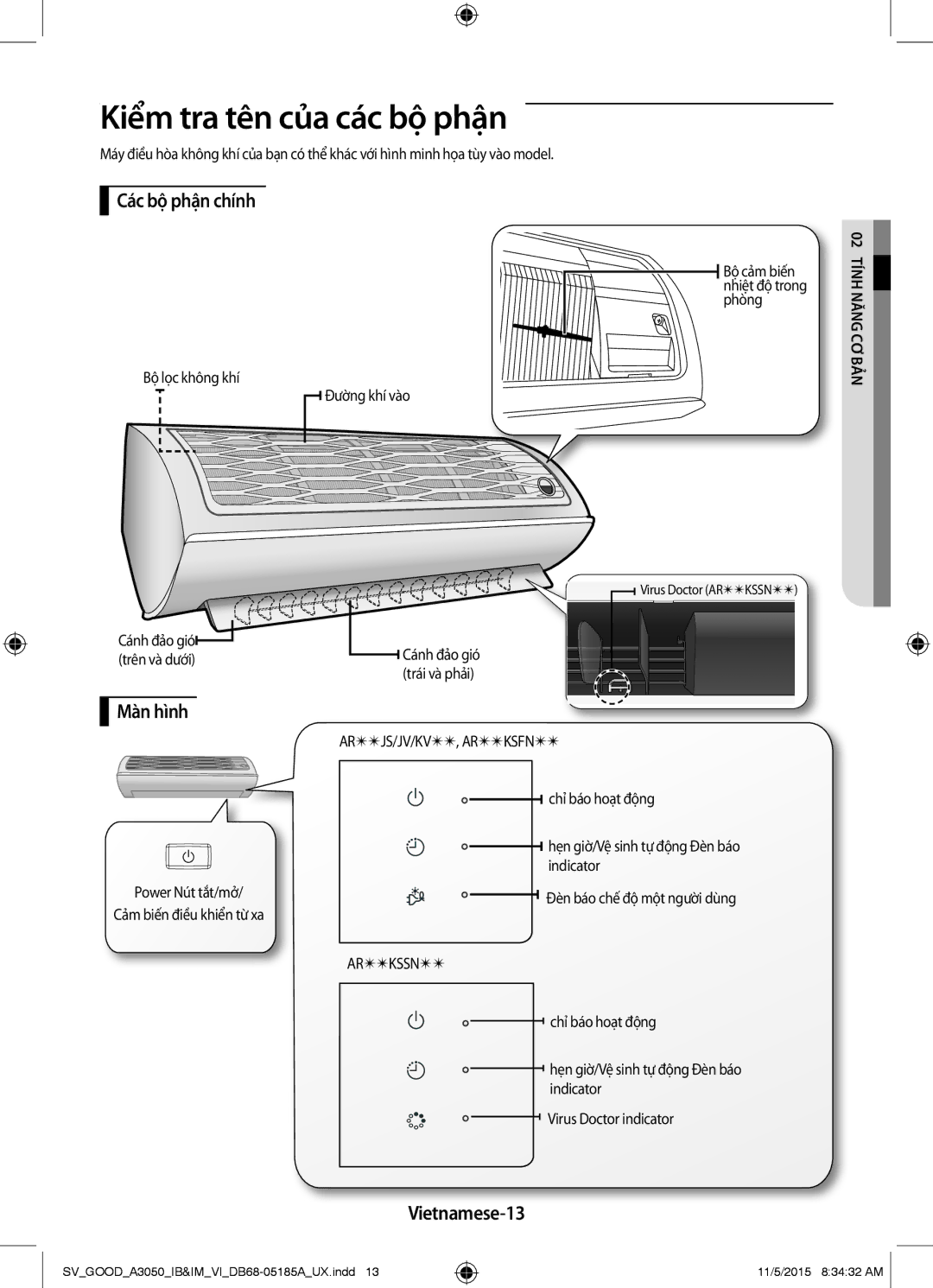 Samsung AR09JVFSCURNSV, AR24JVFSLWKXSV manual Kiểm tra tên của các bộ phận, Các bộ phận chính, Màn hình, Vietnamese-13 