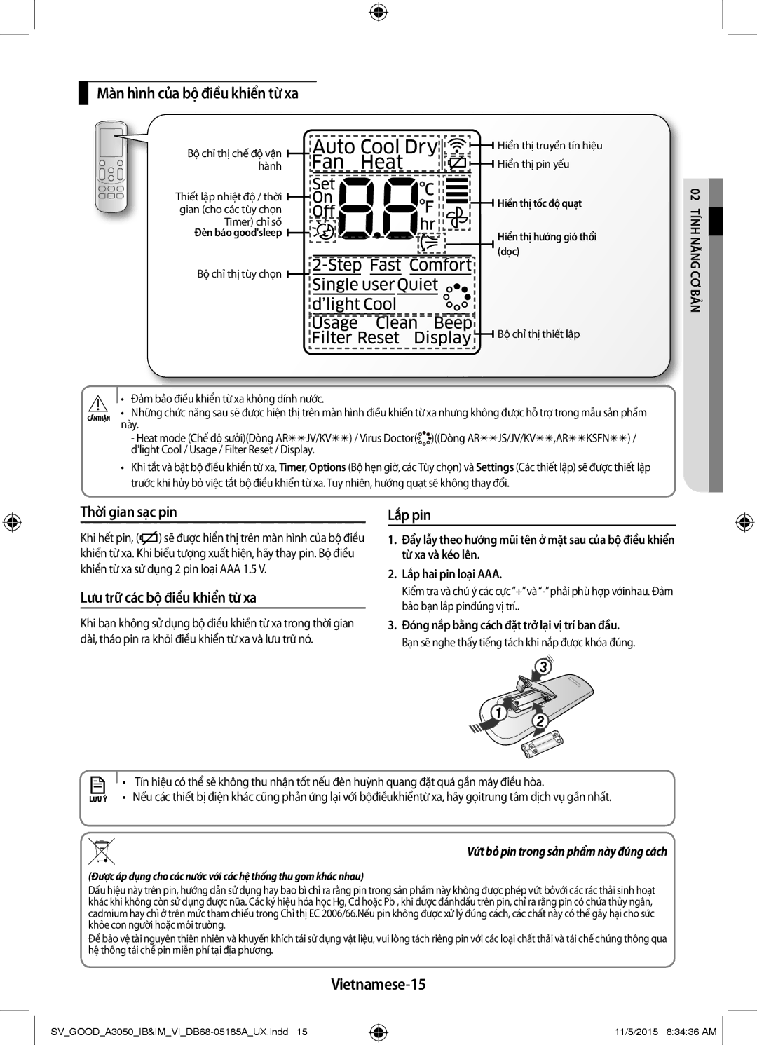 Samsung AR09JSFNJWKNSV manual Màn hình của bộ điều khiển từ xa, Thời gian sạc pin, Lưu trữ các bộ điều khiển từ xa, Lắp pin 