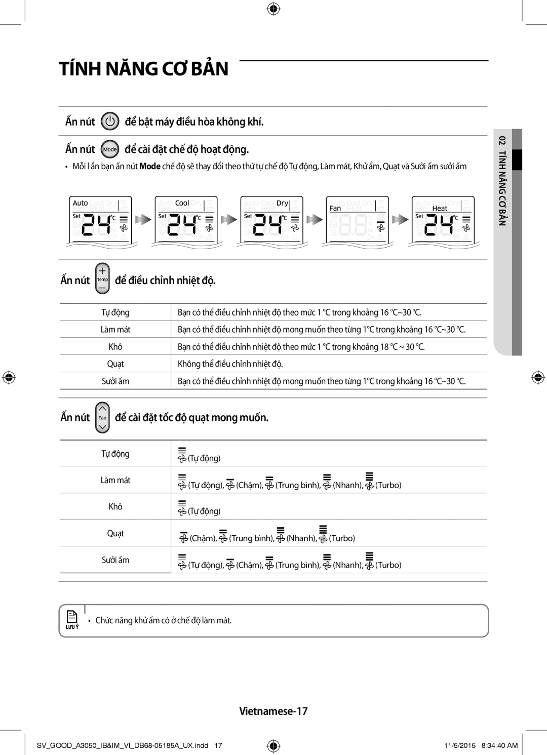 Samsung AR12JSFNJWKNSV manual Ấn nút để điều chỉnh nhiệt độ, Ấn nút để cài đặt tốc độ quạt mong muốn, Vietnamese-17 