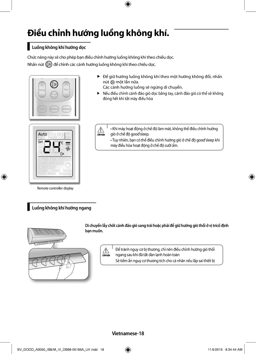 Samsung AR18JVFSBWKXSV, AR24JVFSLWKXSV manual Điều chỉnh hướng luồng không khí, Vietnamese-18, Luồng không khí hướng dọc 