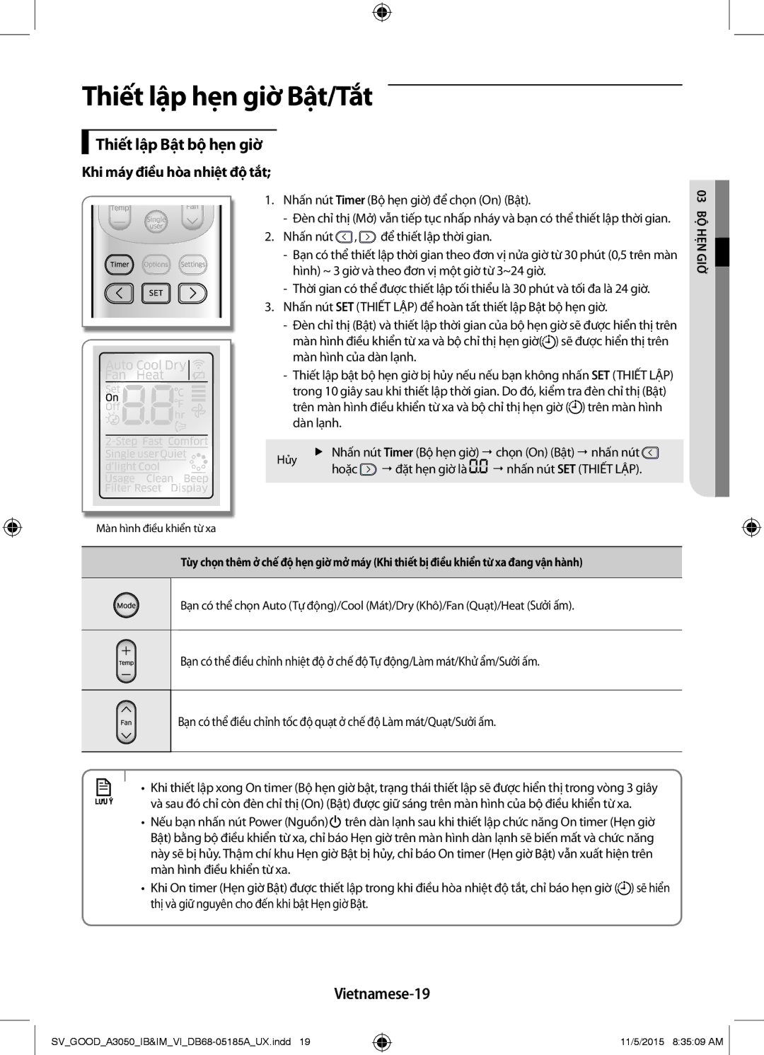 Samsung AR09JSFNJWKXSV Thiết lập hẹn giờ Bật/Tắt, Thiết lập Bật bộ hẹn giờ, Vietnamese-19, Khi máy điều hòa nhiệt độ tắt 
