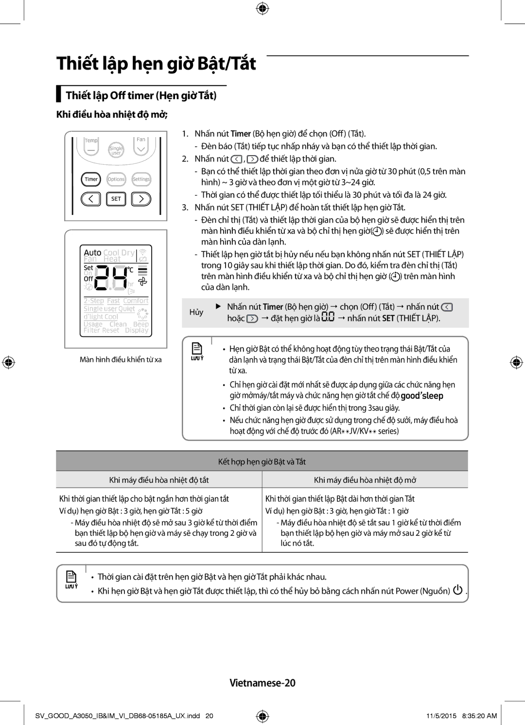 Samsung AR12JVFSBWKXSV, AR24JVFSLWKXSV manual Thiết lập Off timer Hẹn giờ Tắt, Vietnamese-20, Khi điều hòa nhiệt độ mở 