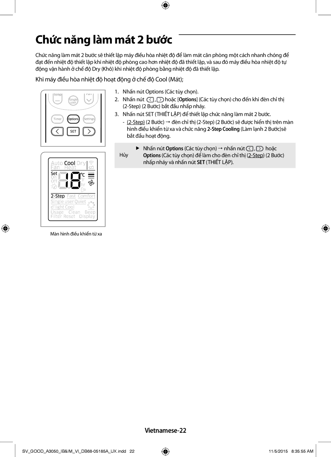 Samsung AR24JVFSLWKXSV, AR12JSFNJWKXSV, AR09JVFSCURNSV, AR18JVFSBWKNSV manual Chức năng làm mát 2 bước, Vietnamese-22 