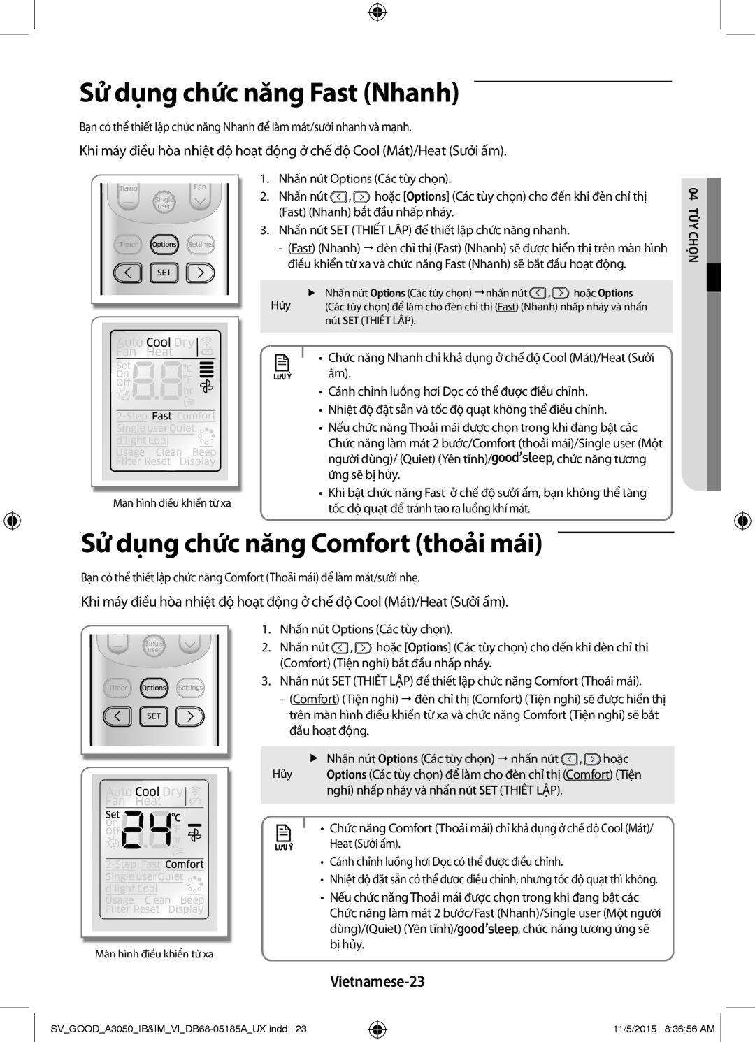 Samsung AR12JSFNJWKXSV manual Sử dụng chức năng Fast Nhanh, Sử dụng chức năng Comfort thoải mái, Vietnamese-23, Chọ04 tùy 