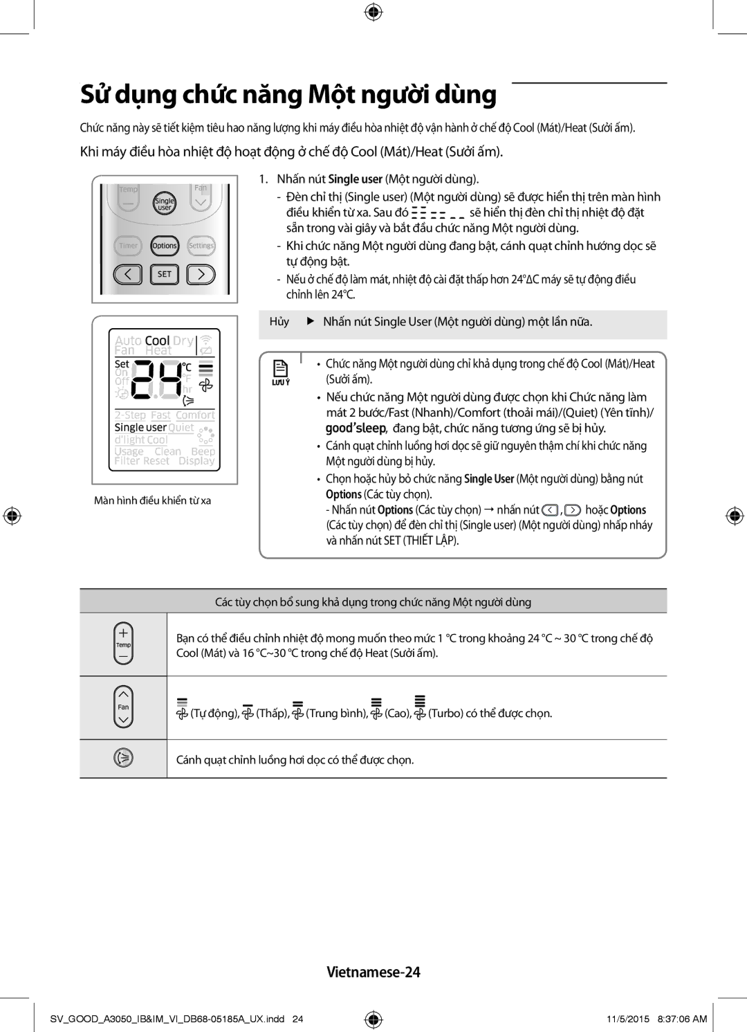 Samsung AR09JVFSCURNSV, AR24JVFSLWKXSV, AR12JSFNJWKXSV, AR18JVFSBWKNSV manual Sử dụng chức năng Một người dùng, Vietnamese-24 