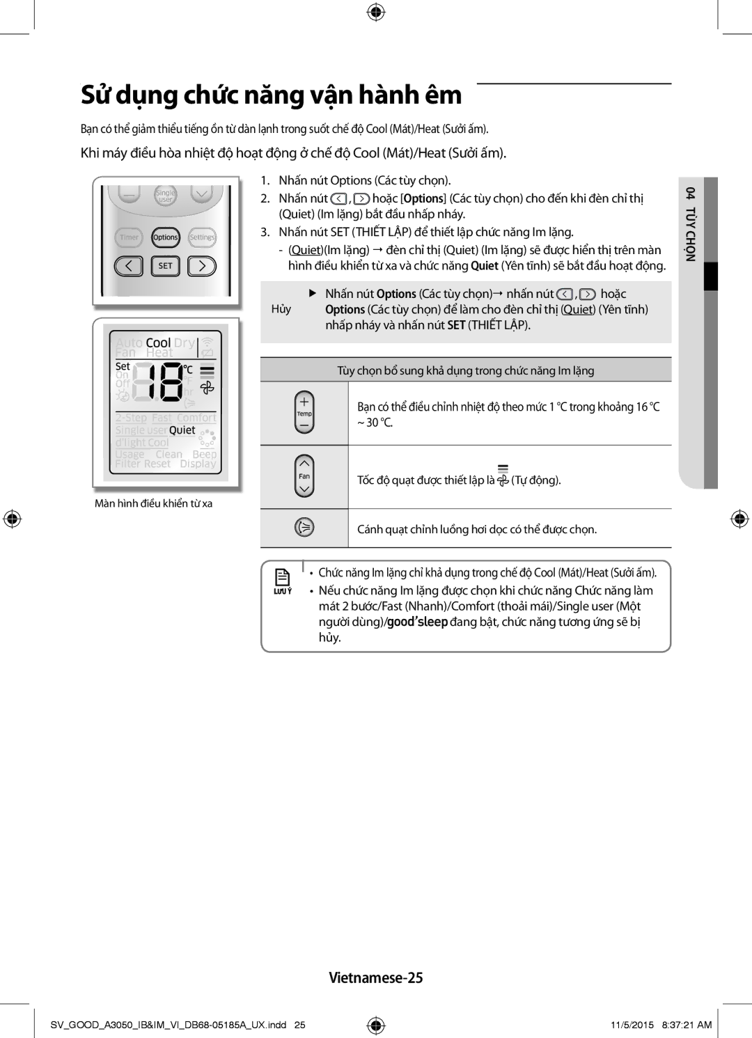 Samsung AR18JVFSBWKNSV, AR24JVFSLWKXSV, AR12JSFNJWKXSV, AR09JVFSCURNSV manual Sử dụng chức năng vận hành êm, Vietnamese-25 