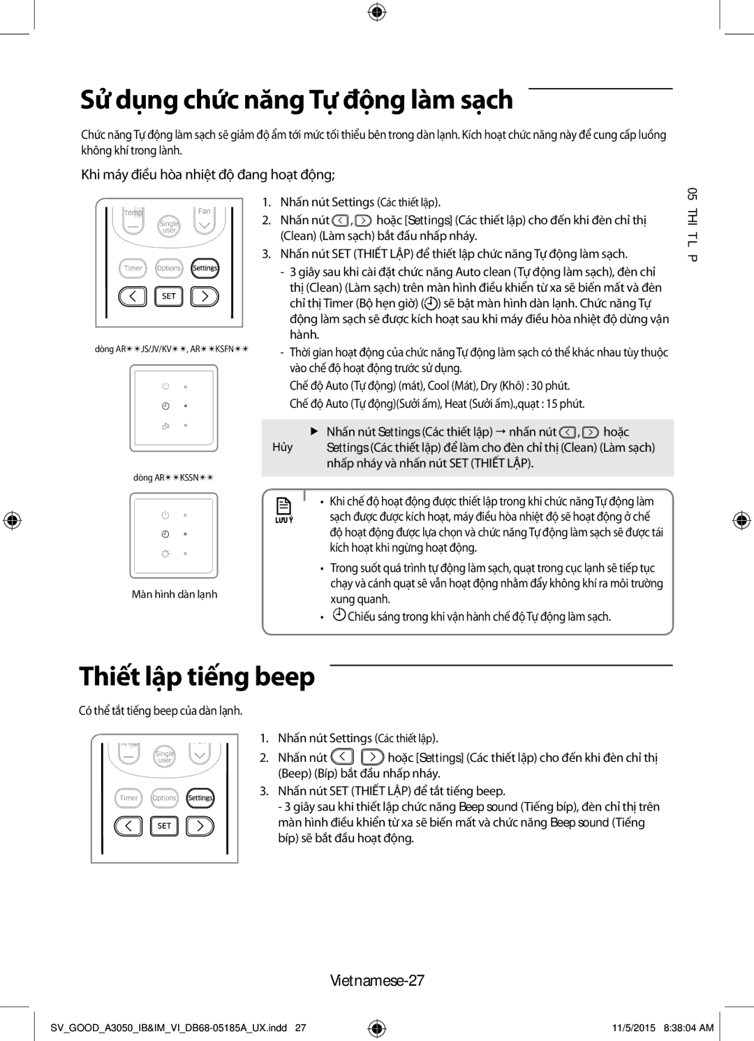 Samsung AR09JVFSCURXSV manual Sử dụng chức năng Tự động làm sạch, Thiết lập tiếng beep, Vietnamese-27, 05 Thiếtl ập 