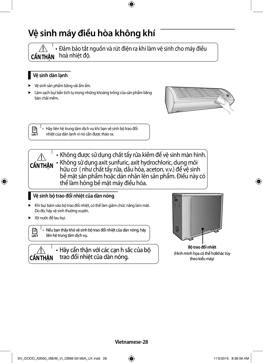 Samsung AR12JSFNJWKNSV manual Vệ sinh máy điều hòa không khí, Vệ sinh dàn lạnh, Vệ sinh bộ trao đổi nhiệt của dàn nóng 