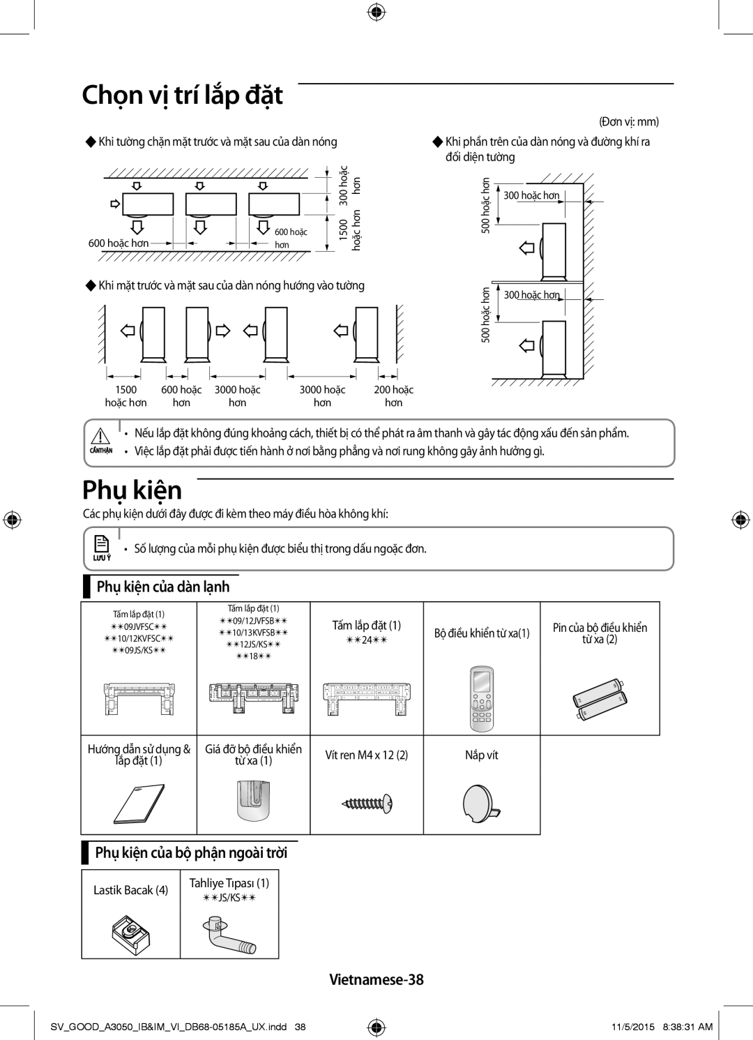 Samsung AR09JVFSCURXSV, AR24JVFSLWKXSV, AR12JSFNJWKXSV, AR09JVFSCURNSV manual Phụ kiện của dàn lạnh, Vietnamese-38 