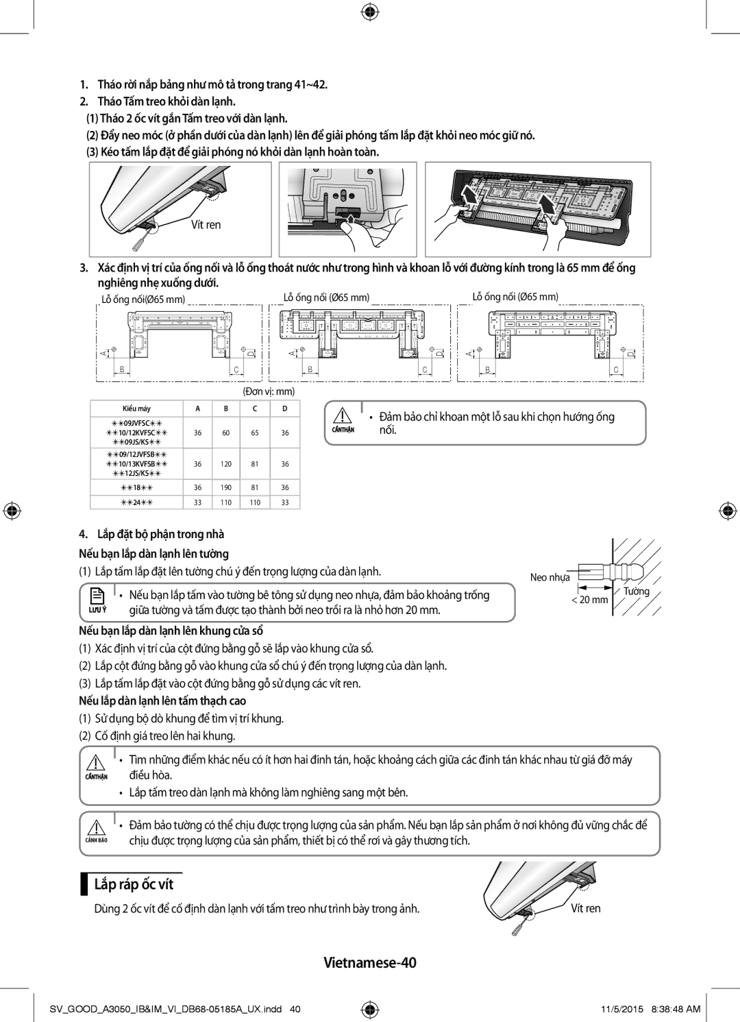 Samsung AR18JVFSBWKXSV, AR24JVFSLWKXSV, AR12JSFNJWKXSV, AR09JVFSCURNSV, AR18JVFSBWKNSV manual Lắp ráp ốc vít, Vietnamese-40 