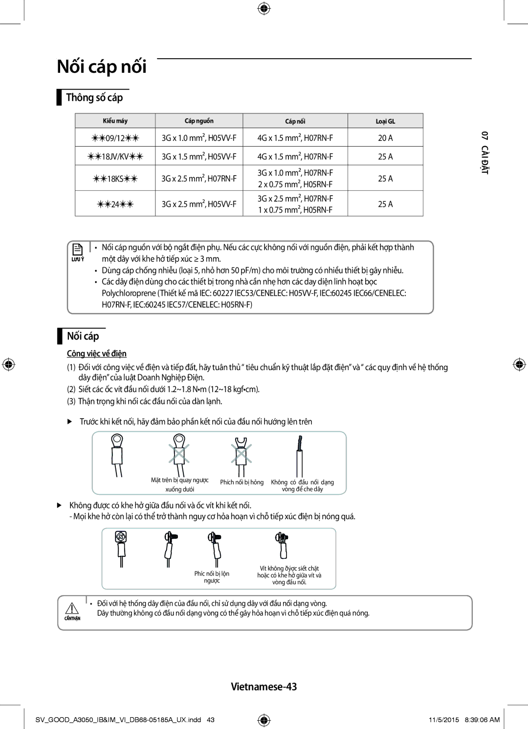 Samsung AR24JVFSLWKNSV, AR24JVFSLWKXSV, AR12JSFNJWKXSV manual Nối cáp nối, Thông số cáp, Vietnamese-43, Công việc về điện 