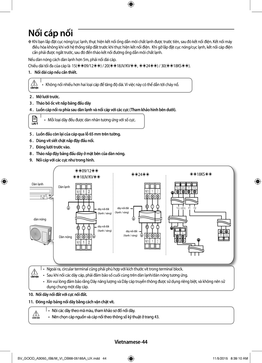 Samsung AR24JVFSLWKXSV manual Vietnamese-44, Nối dài cáp nếu cần thiết, Mỗi loại dây đều được dán nhãn tương ứng với số cực 