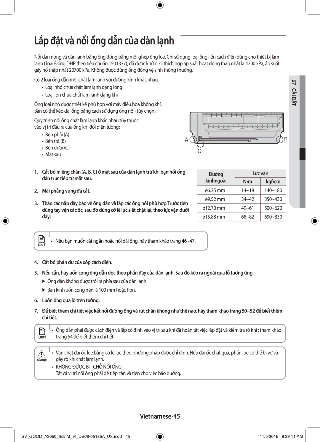 Samsung AR12JSFNJWKXSV, AR24JVFSLWKXSV, AR09JVFSCURNSV, AR18JVFSBWKNSV Lắp đặt và nối ống dẫn của dàn lạnh, Vietnamese-45 