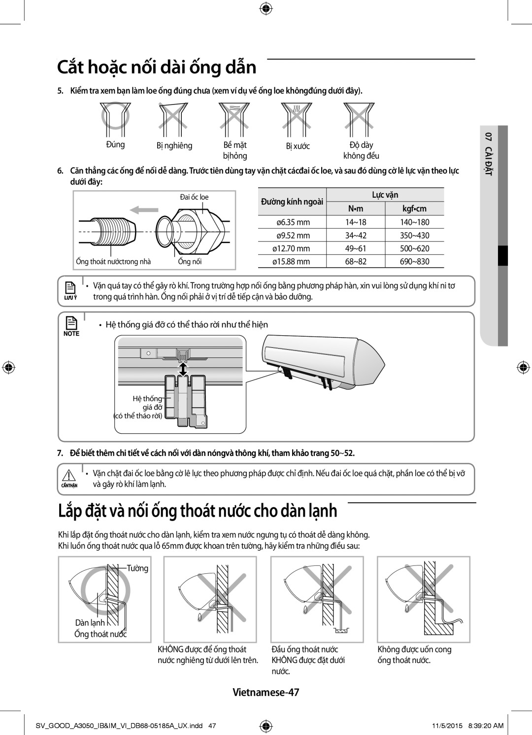 Samsung AR18JVFSBWKNSV, AR24JVFSLWKXSV, AR12JSFNJWKXSV manual Lắp đặt và nối ống thoát nước cho dàn lạnh, Vietnamese-47 