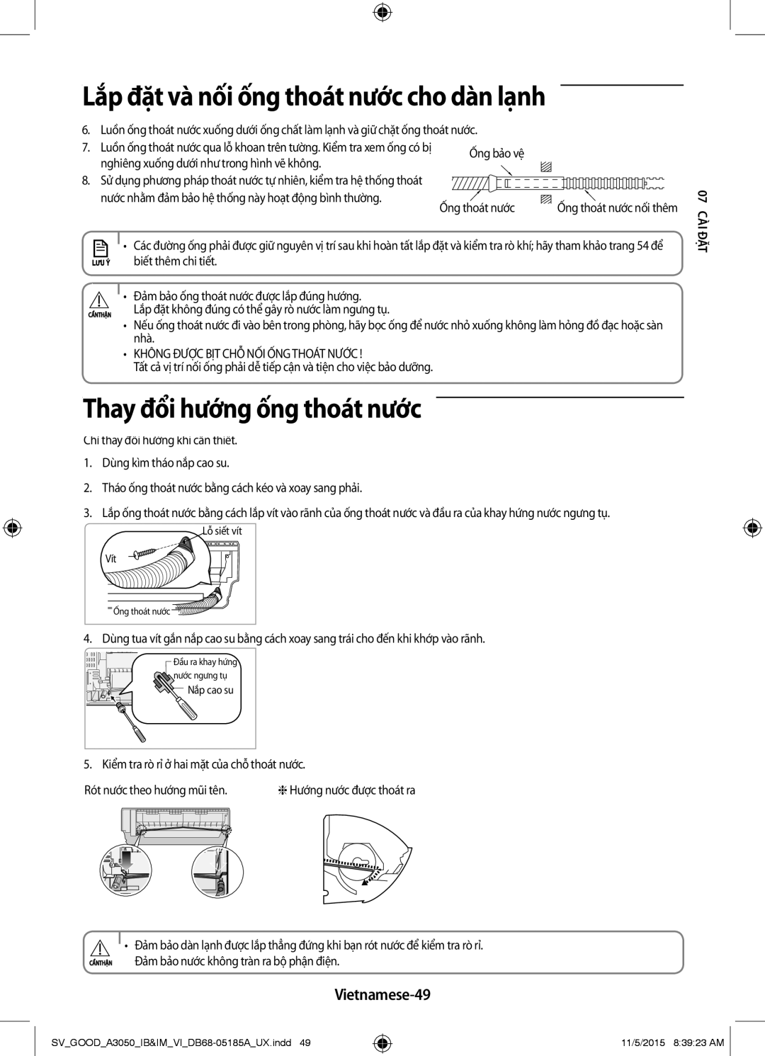 Samsung AR09JVFSCURXSV, AR24JVFSLWKXSV, AR12JSFNJWKXSV, AR09JVFSCURNSV manual Thay đổi hướng ống thoát nước, Vietnamese-49 