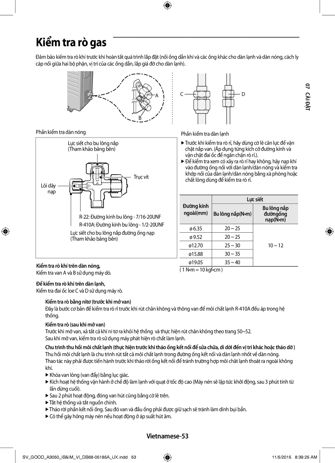 Samsung AR12JVFSBWKXSV, AR24JVFSLWKXSV, AR12JSFNJWKXSV, AR09JVFSCURNSV, AR18JVFSBWKNSV manual Kiểm tra rò gas, Vietnamese-53 