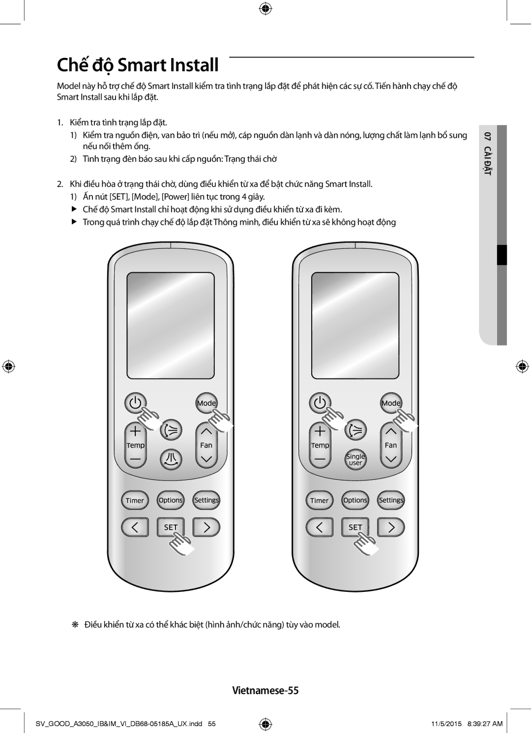 Samsung AR24JVFSLWKXSV, AR12JSFNJWKXSV, AR09JVFSCURNSV, AR18JVFSBWKNSV, AR09JSFNJWKNSV Chế độ Smart Install, Vietnamese-55 