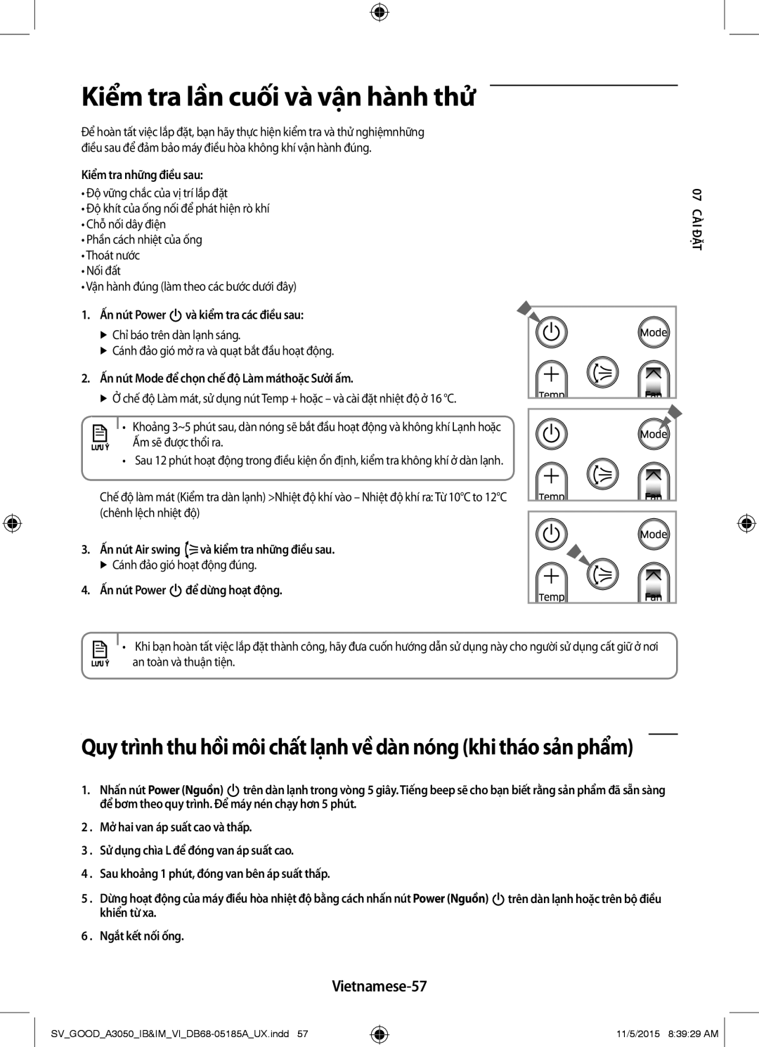 Samsung AR09JVFSCURNSV, AR24JVFSLWKXSV, AR12JSFNJWKXSV, AR18JVFSBWKNSV manual Kiểm tra lần cuối và vận hành thử, Vietnamese-57 