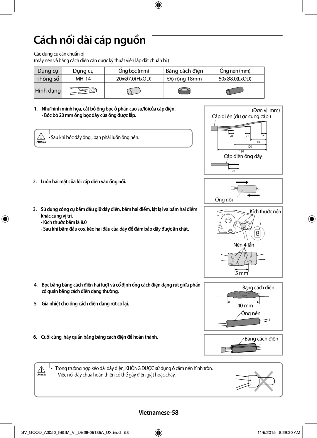 Samsung AR18JVFSBWKNSV, AR24JVFSLWKXSV Cách nối dài cáp nguồn, Vietnamese-58, Gia nhiệt cho ống cách điện dạng rút co lại 