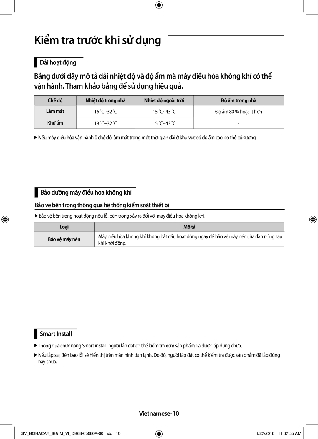 Samsung AR12KCFHDWKNSV, AR24KCFHDWKNSV manual Kiểm tra trước khi sử dụng, Dải hoạt động, Smart Install, Vietnamese-10 