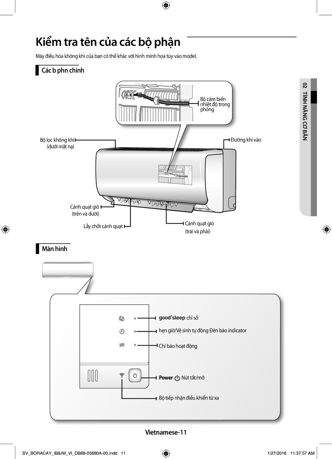 Samsung AR18KCFHDWKNSV, AR24KCFHDWKNSV manual Kiểm tra tên của các bộ phận, Các b phn chính, Màn hình, Vietnamese-11 