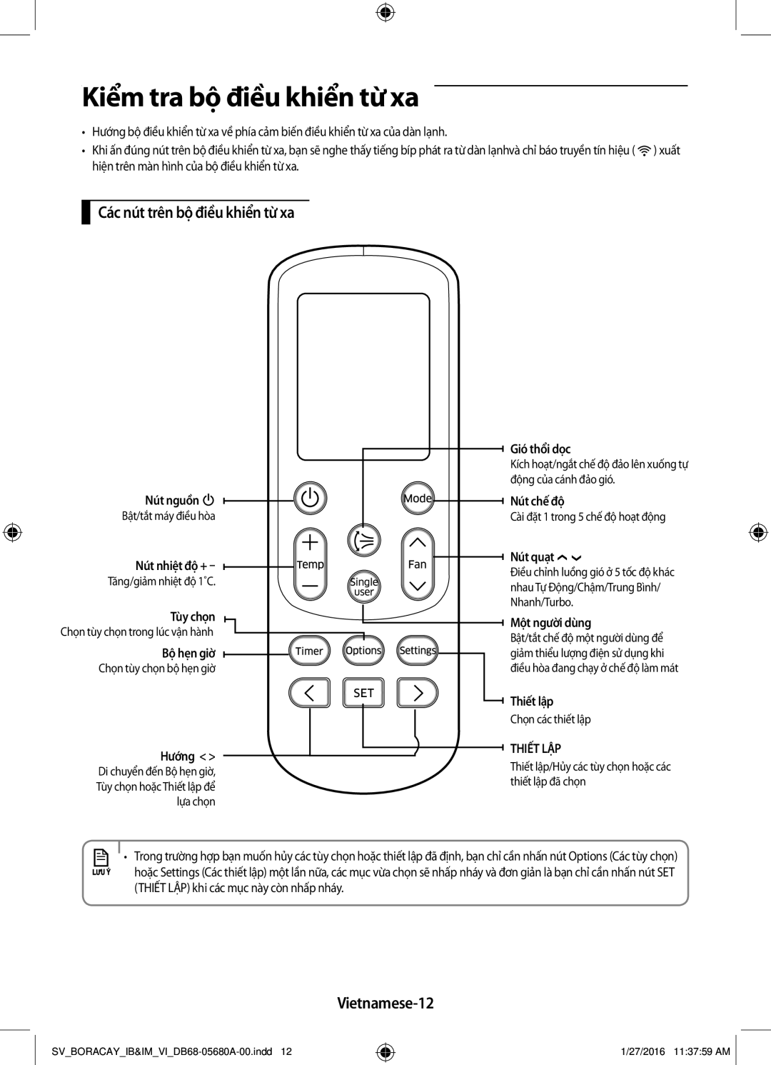 Samsung AR24KCFHDWKNSV, AR09KCFHDWKNSV manual Kiểm tra bộ điều khiển từ xa, Các nút trên bộ điều khiển từ xa, Vietnamese-12 