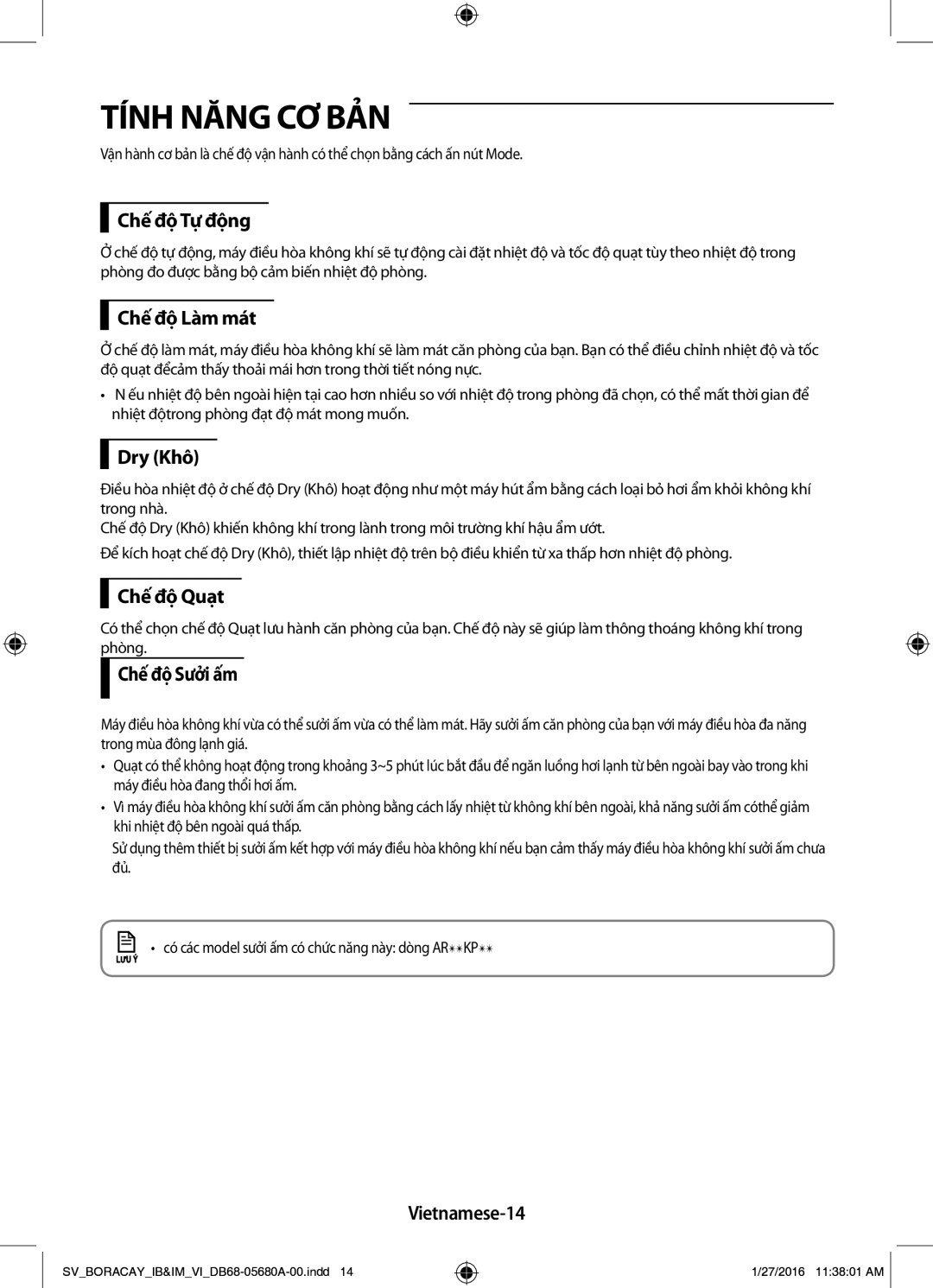 Samsung AR12KCFHDWKNSV, AR24KCFHDWKNSV Chế độ Tự động, Chế độ Làm mát, Dry Khô, Chế độ Quạt, Chế độ Sưởi ấm, Vietnamese-14 