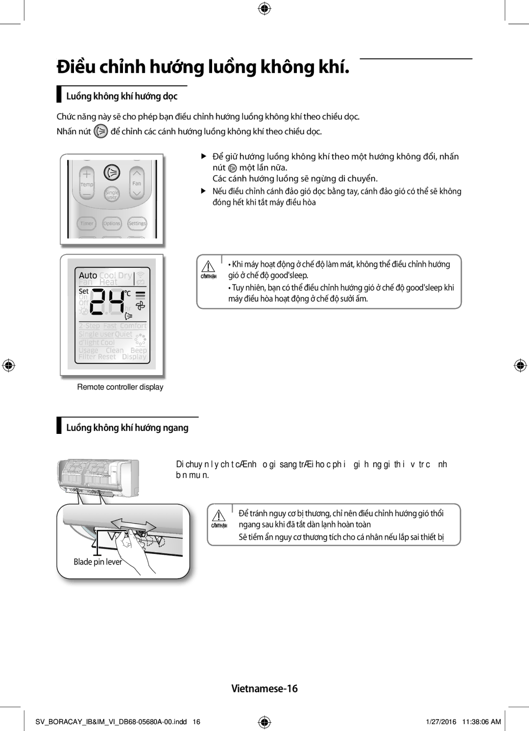 Samsung AR24KCFHDWKNSV, AR09KCFHDWKNSV, AR12KCFHDWKNSV, AR18KCFHDWKNSV manual Điều chỉnh hướng luồng không khí, Vietnamese-16 