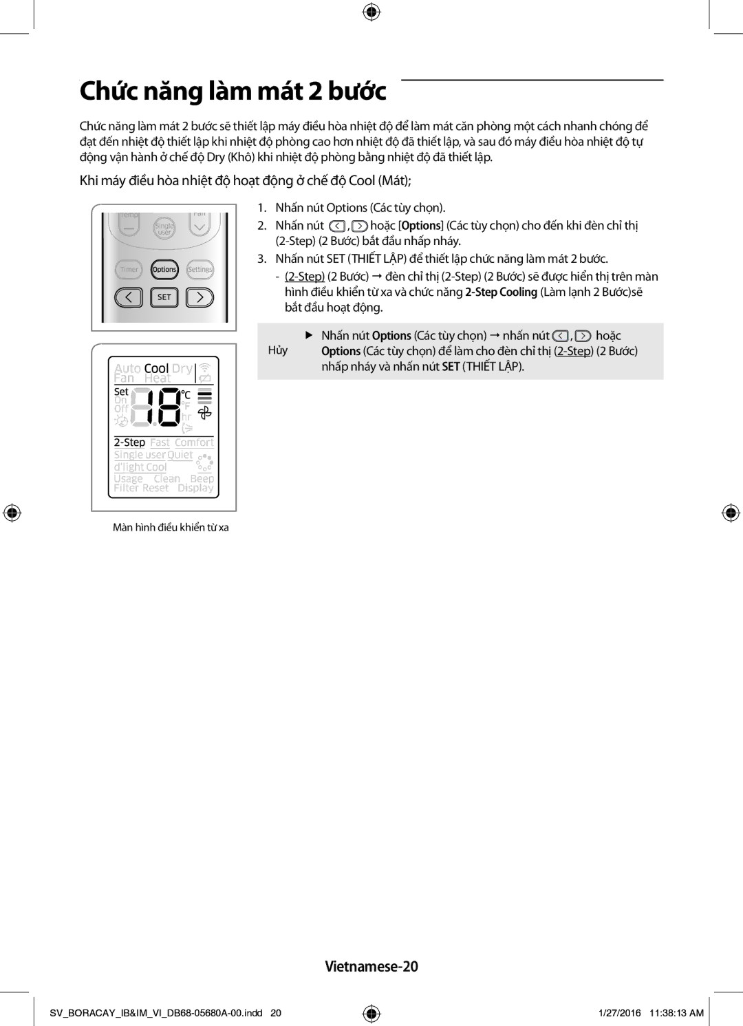 Samsung AR24KCFHDWKNSV, AR09KCFHDWKNSV, AR12KCFHDWKNSV, AR18KCFHDWKNSV manual Chức năng làm mát 2 bước, Vietnamese-20 