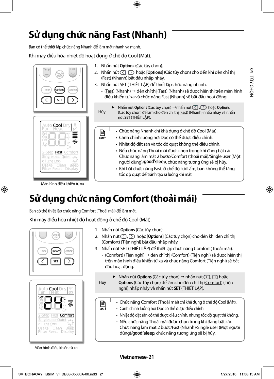 Samsung AR09KCFHDWKNSV manual Sử dụng chức năng Fast Nhanh, Sử dụng chức năng Comfort thoải mái, Vietnamese-21, Nọ ch04 tùy 