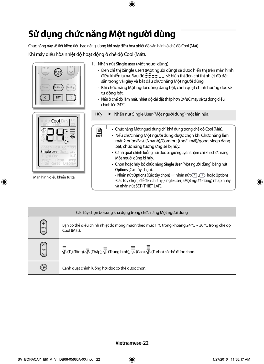 Samsung AR12KCFHDWKNSV, AR24KCFHDWKNSV, AR09KCFHDWKNSV, AR18KCFHDWKNSV manual Sử dụng chức năng Một người dùng, Vietnamese-22 