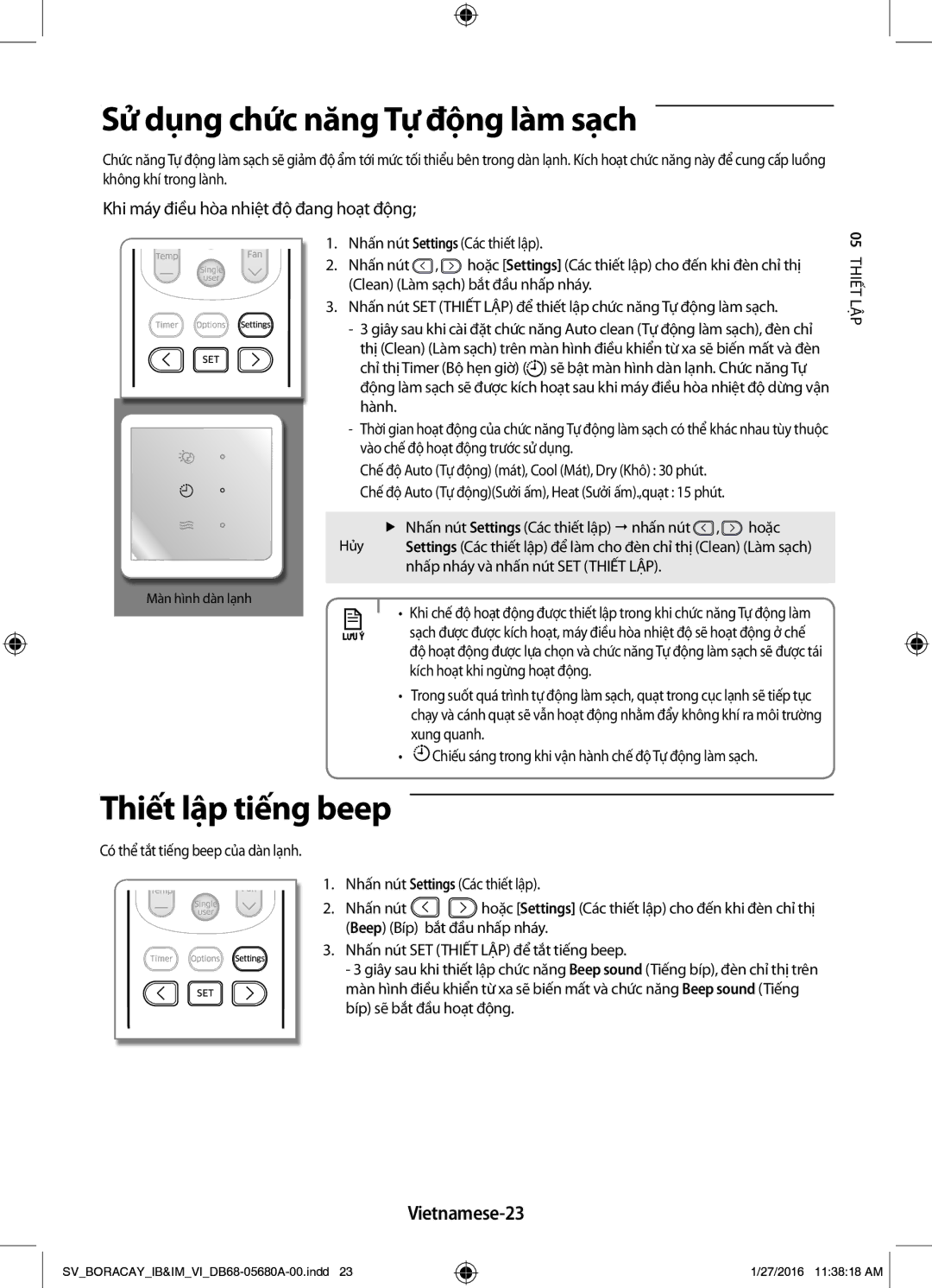 Samsung AR18KCFHDWKNSV, AR24KCFHDWKNSV manual Sử dụng chức năng Tự động làm sạch, Thiết lập tiếng beep, Vietnamese-23 