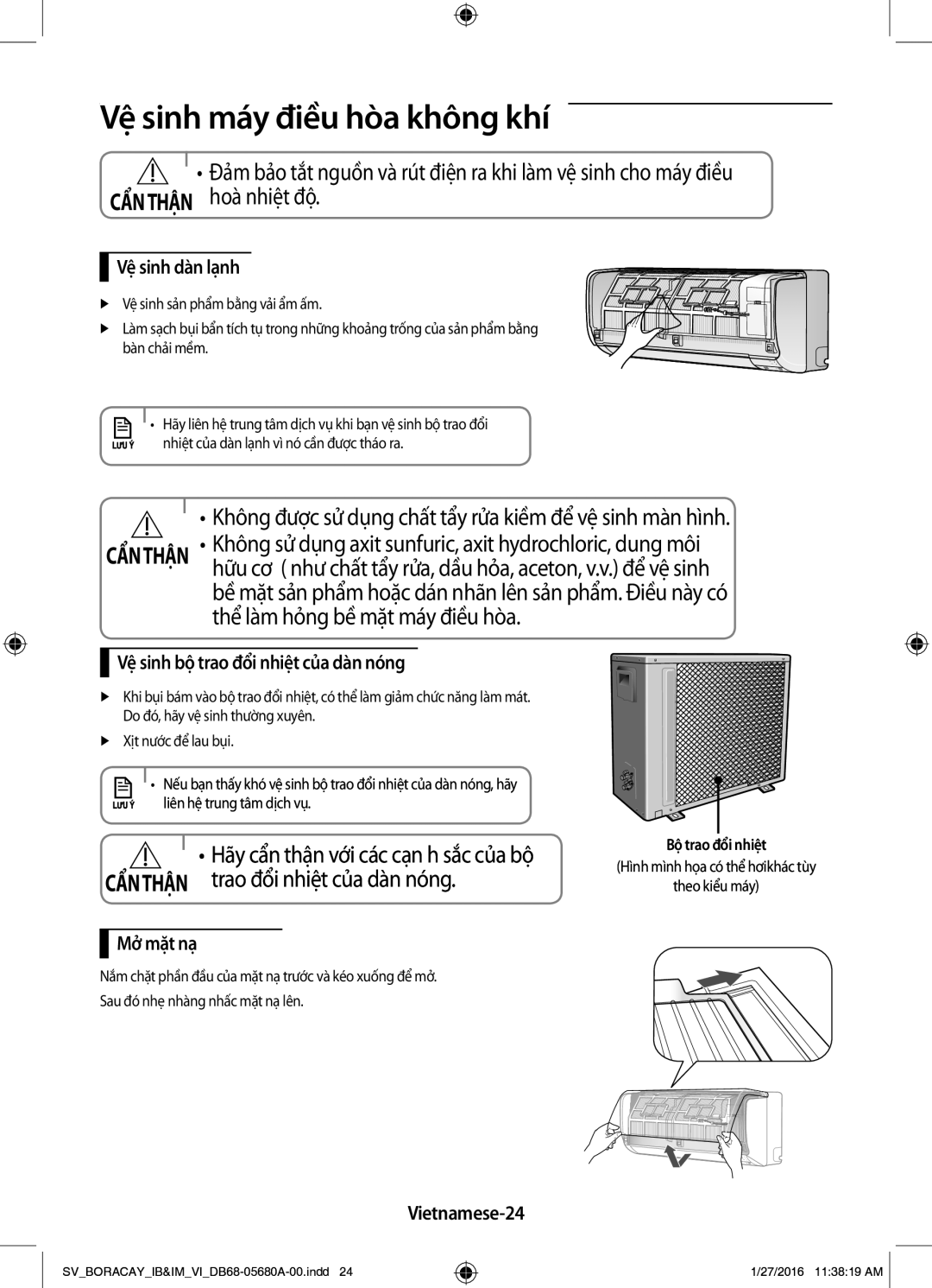 Samsung AR24KCFHDWKNSV Vệ sinh máy điều hòa không khí, Vệ sinh dàn lạnh, Vệ sinh bộ trao đổi nhiệt của dàn nóng, Mở mặt nạ 