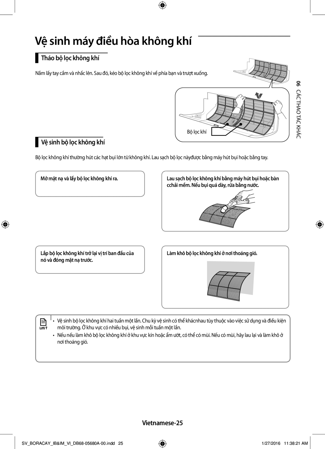 Samsung AR09KCFHDWKNSV manual Tháo bộ lọc không khí, Vệ sinh bộ lọc không khí, Vietnamese-25, Nó và đóng mặt nạ trước 