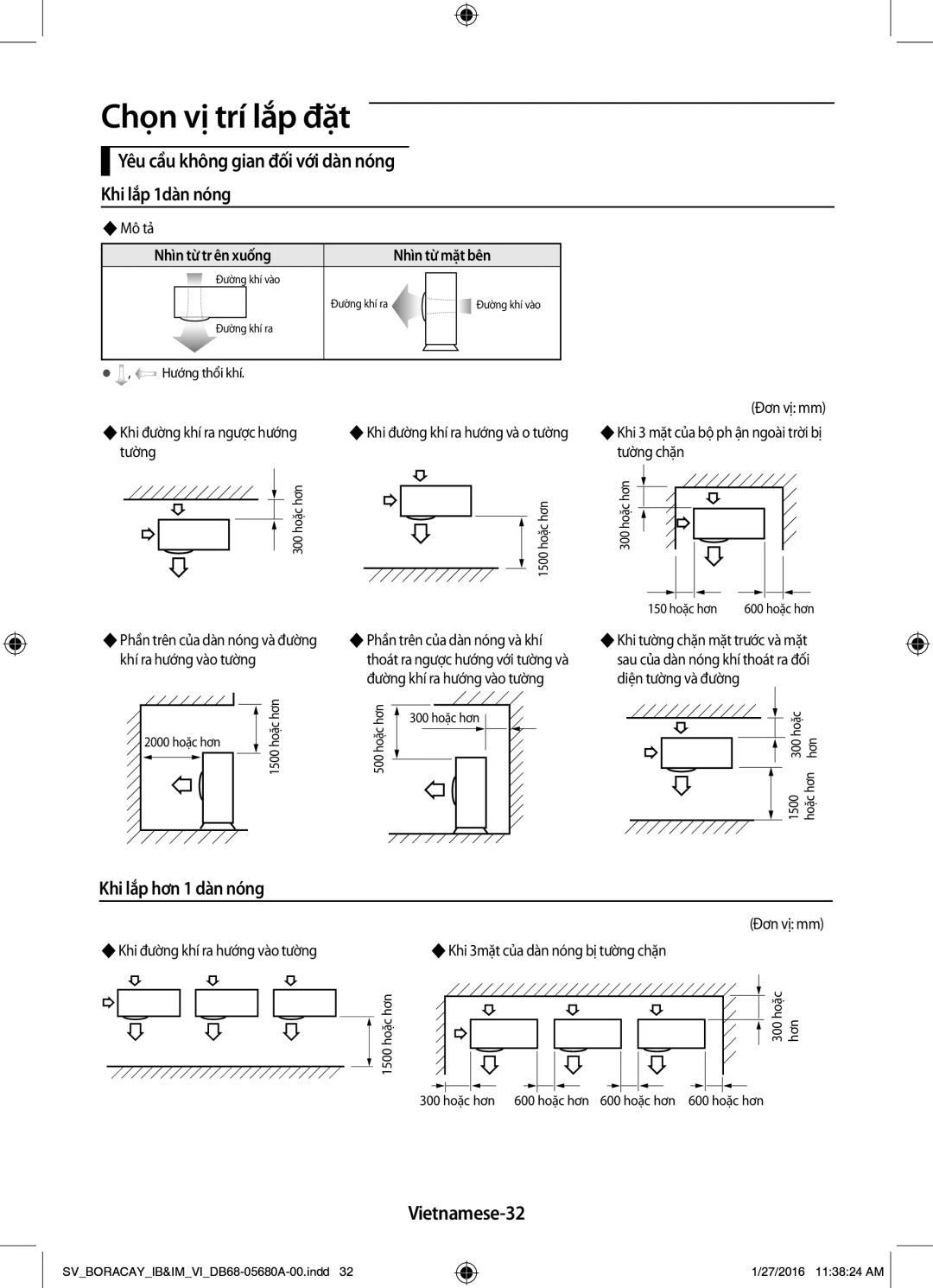 Samsung AR24KCFHDWKNSV manual Yêu cầu không gian đối với dàn nóng Khi lắp 1dàn nóng, Khi lắp hơn 1 dàn nóng, Vietnamese-32 