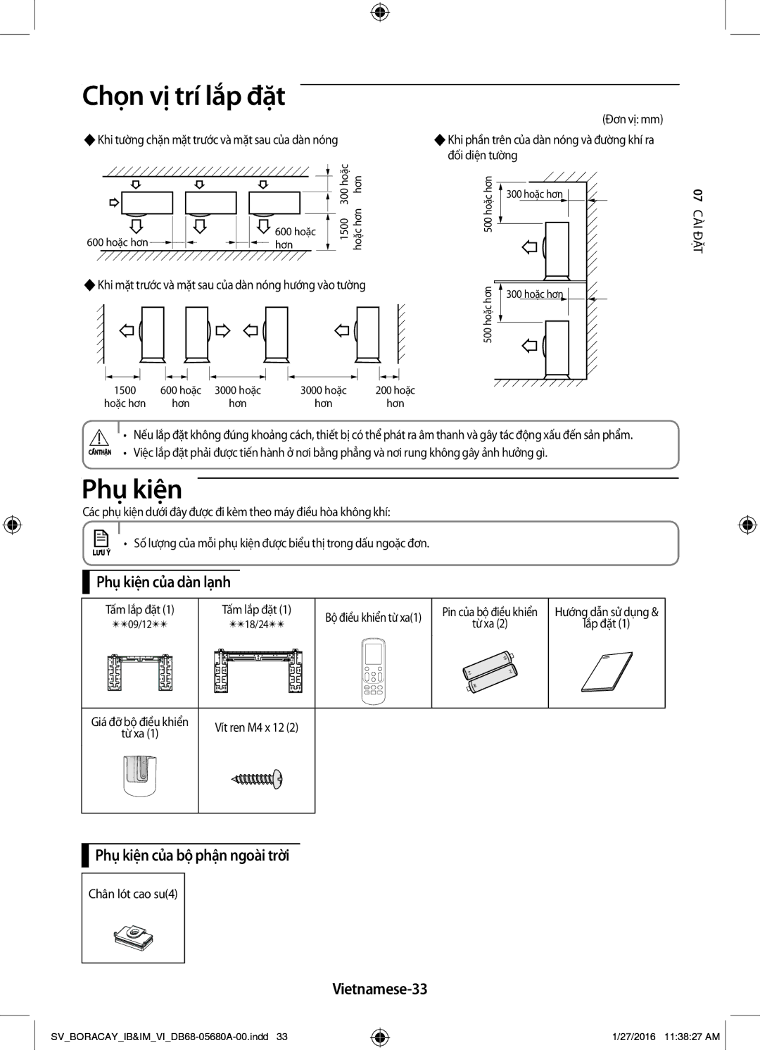 Samsung AR09KCFHDWKNSV, AR24KCFHDWKNSV manual Phụ kiện của dàn lạnh, Phụ kiện của bộ phận ngoài trời, Vietnamese-33 