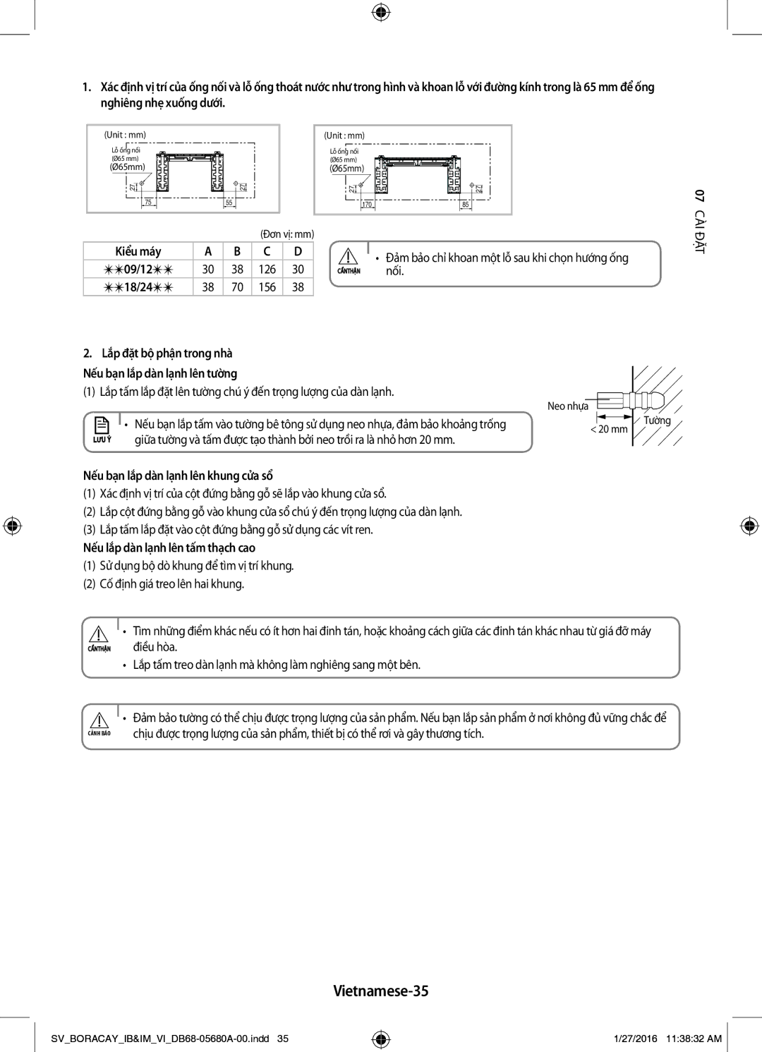 Samsung AR18KCFHDWKNSV Vietnamese-35, Nếu bạn lắp dàn lạnh lên khung cửa sổ, Nếu lắp dàn lạnh lên tấm thạch cao, Điều hòa 