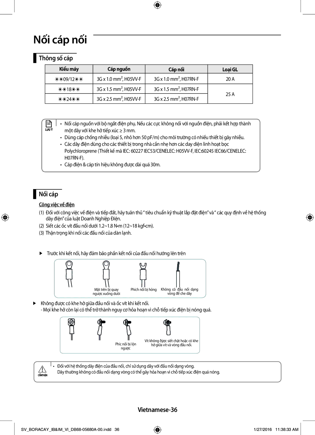 Samsung AR24KCFHDWKNSV, AR09KCFHDWKNSV, AR12KCFHDWKNSV, AR18KCFHDWKNSV manual Nối cáp nối, Thông số cáp, Vietnamese-36 