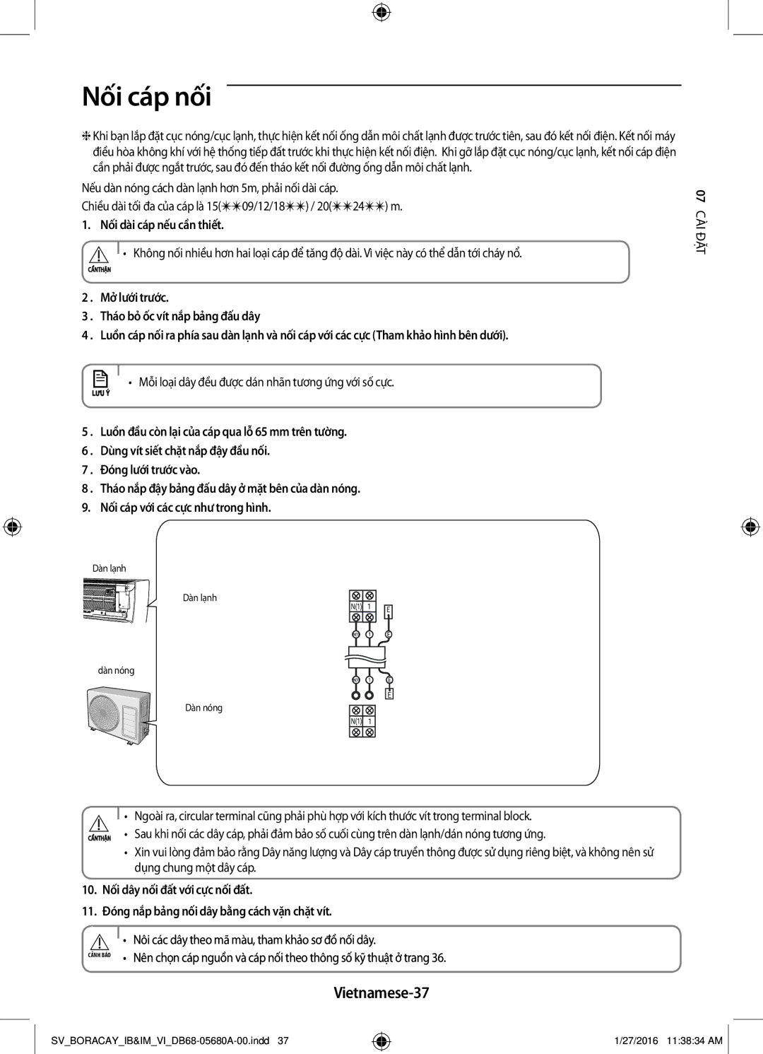 Samsung AR09KCFHDWKNSV manual Vietnamese-37, Nối dài cáp nếu cần thiết, Mỗi loại dây đều được dán nhãn tương ứng với số cực 